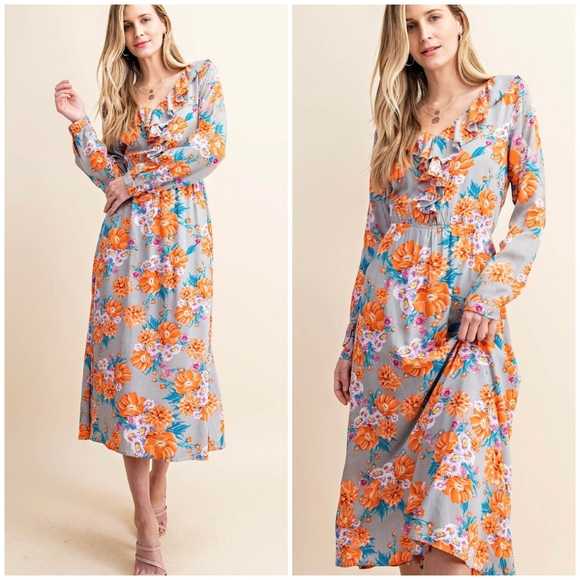 Boho Chic Slate Gray Floral Flowy Long Sleeves Midi Dress - Picture 1 of 7